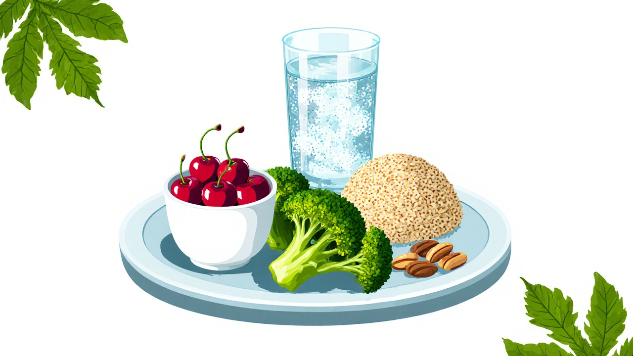 Assiette saine anti‑goutte : yaourt allégé, cerises, brocoli, quinoa, eau pétillante.
