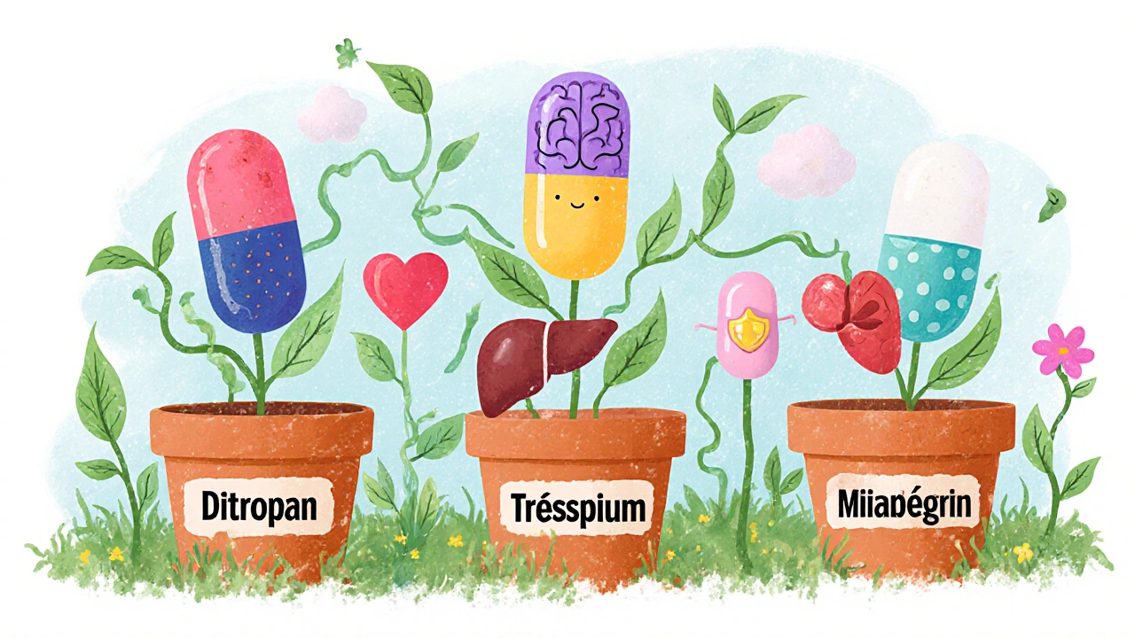 Cinq médicaments illustrés comme des plantes avec icônes de leurs effets secondaires.