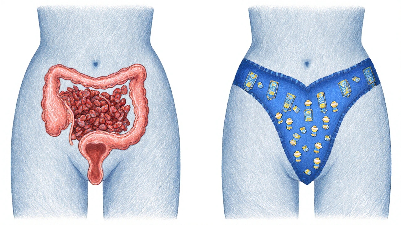 Comparaison schématique d'une vessie infectée et protégée par des molécules de nitrofurantoin.