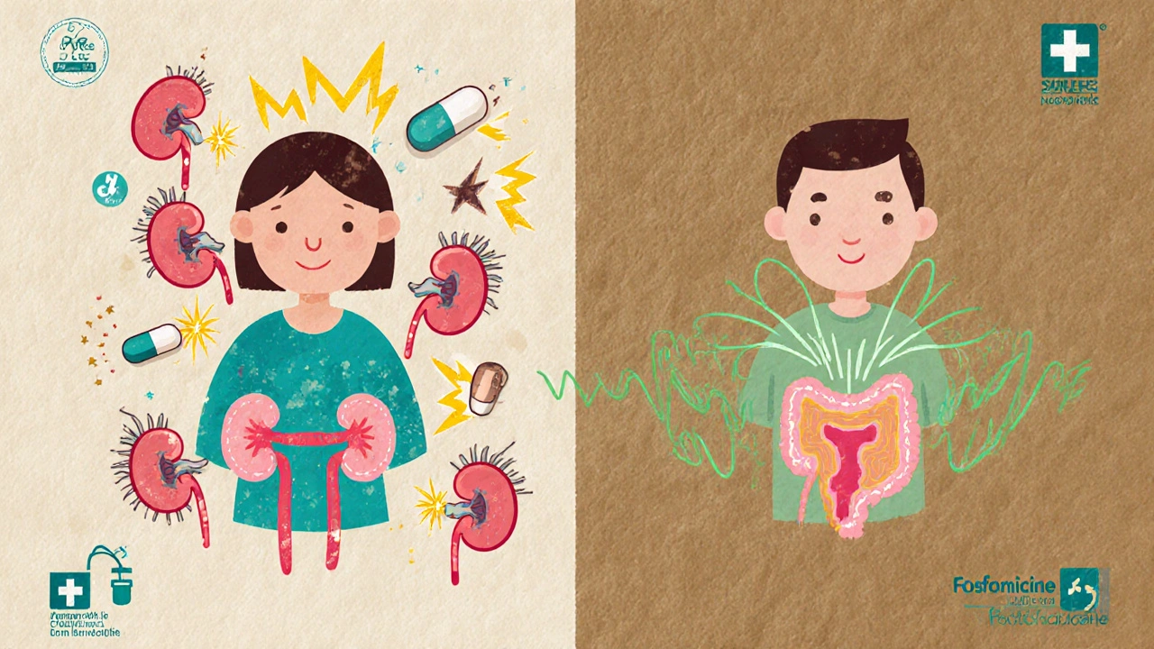 Comparaison visuelle entre les effets secondaires des antibiotiques classiques et la fosfomycine douce.