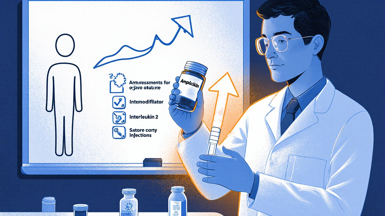 Dessin d’un laboratoire où un chercheur combine ampicilline avec un immunomodulateur, symbolisant une nouvelle stratégie contre les infections chez les patients cancéreux.