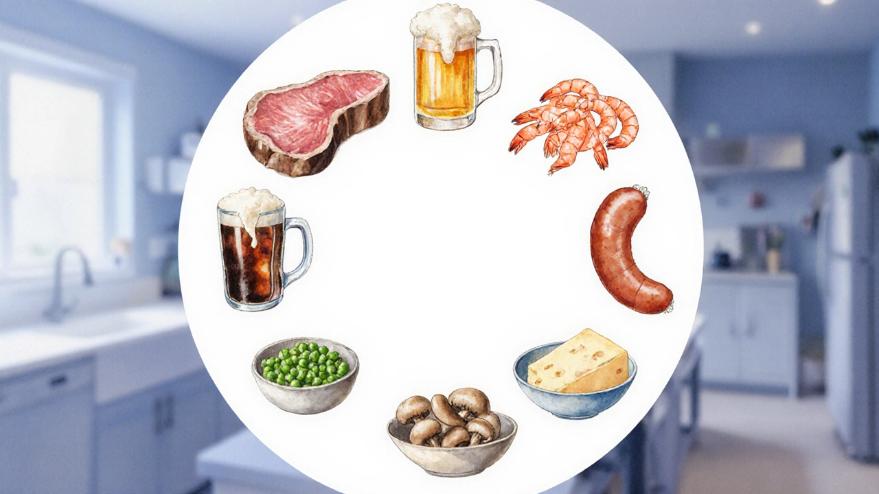 Dessus circulaire des 10 aliments à éviter : steak, foie, crevettes, bière, soda, sauce soja, saucisse, pois, champignons, fromage gras.