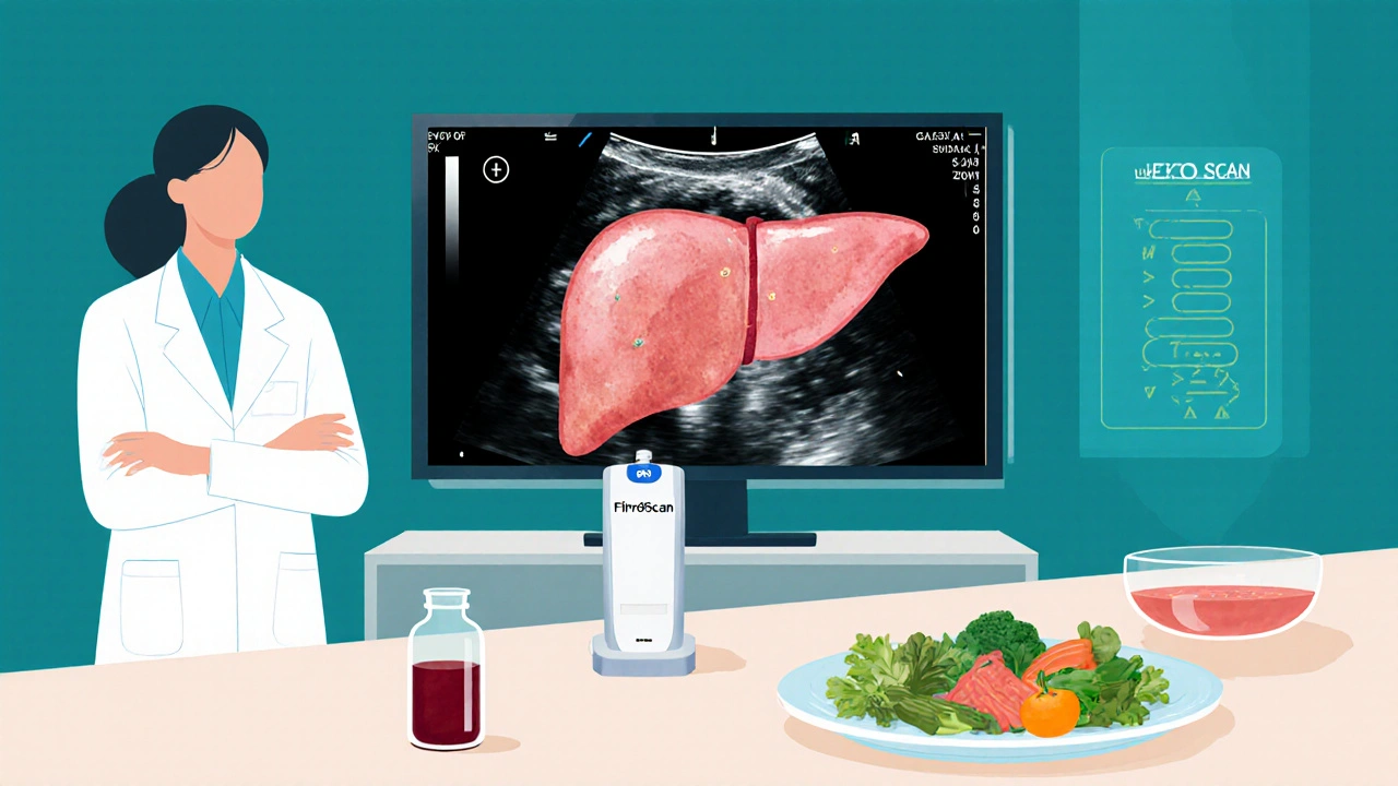 Docteur présentant ultrasound du foie, FibroScan et assiette saine, représentant le diagnostic et les mesures préventives.