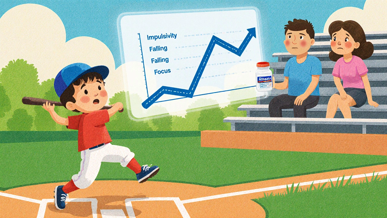 Enfant jouant au baseball pendant les vacances, avec un tableau médical flottant au-dessus de sa tête.