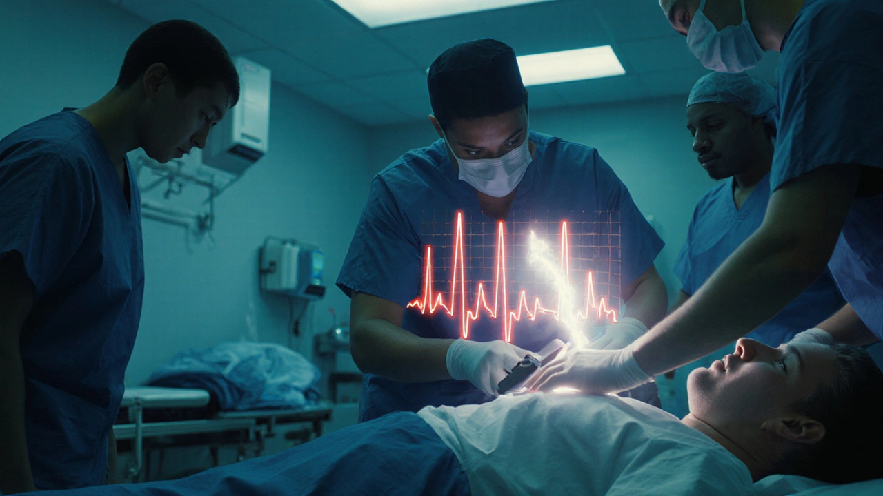 Équipe médicale appliquant un défibrillateur sur un patient en fibrillation ventriculaire.
