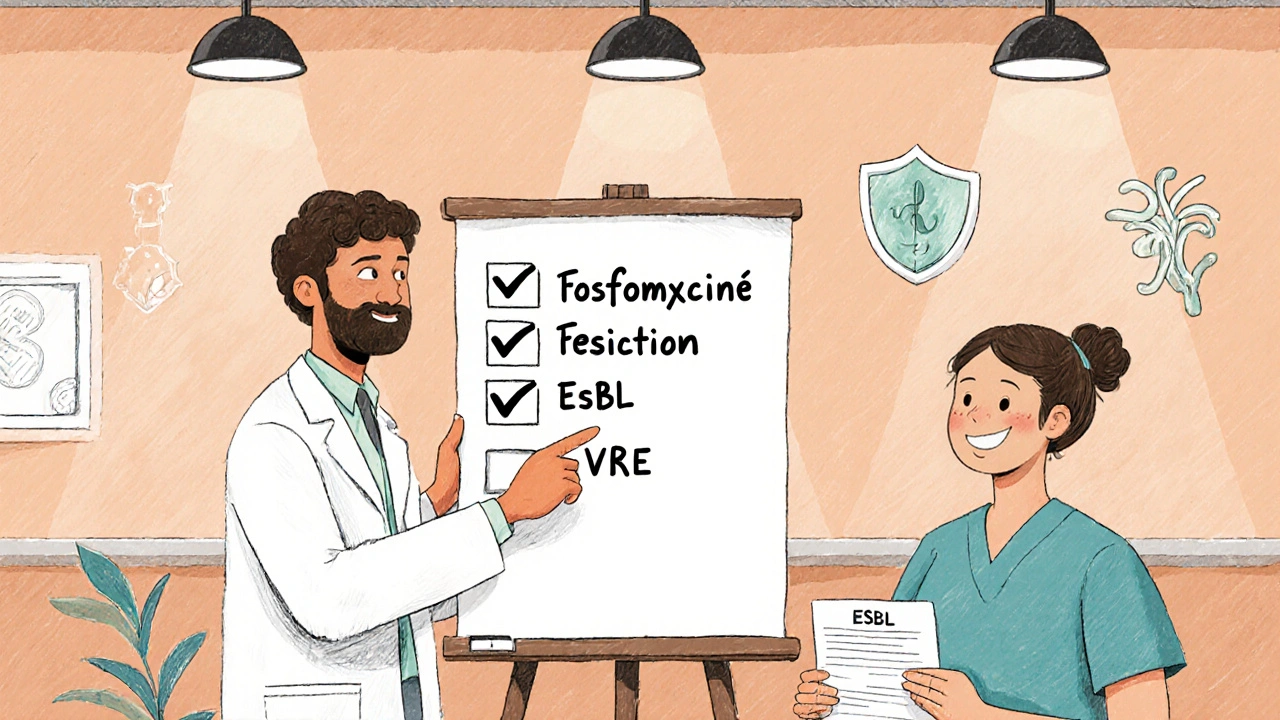 Équipe médicale française reconnaissant la fosfomycine comme solution fiable contre les bactéries résistantes.