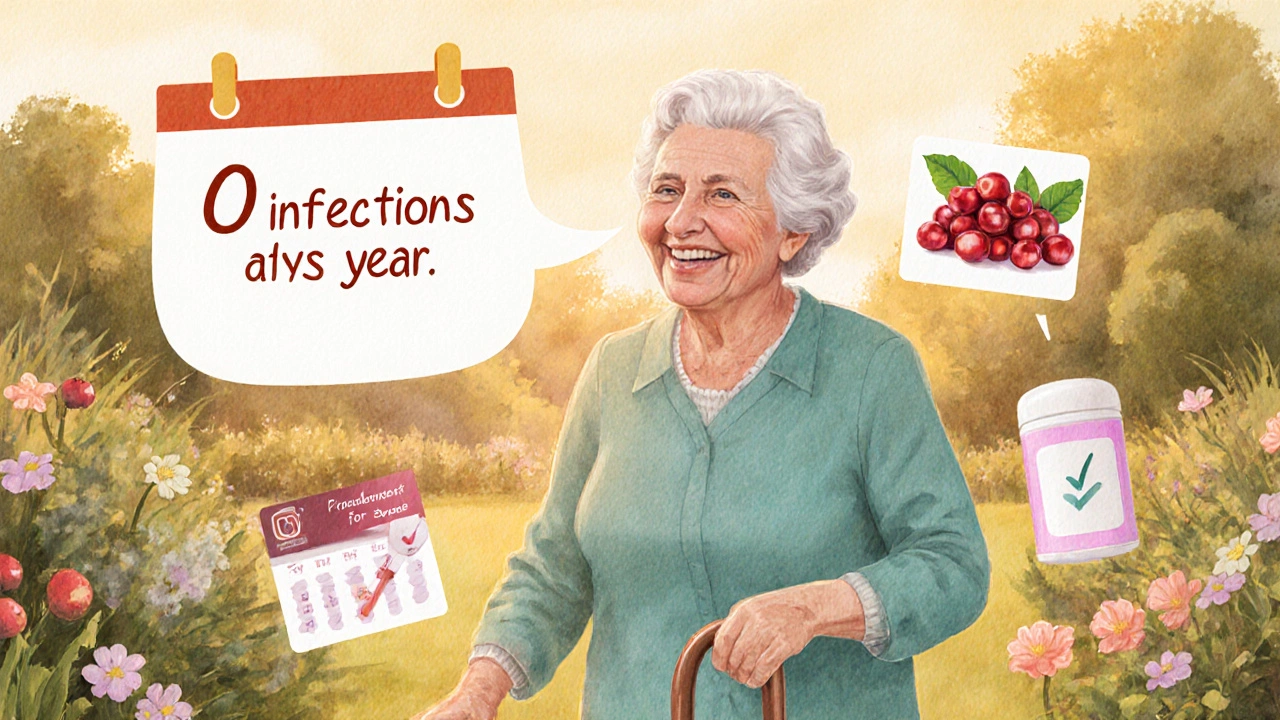 Femme âgée marchant dans un jardin, entourée d'icônes de traitements complémentaires.