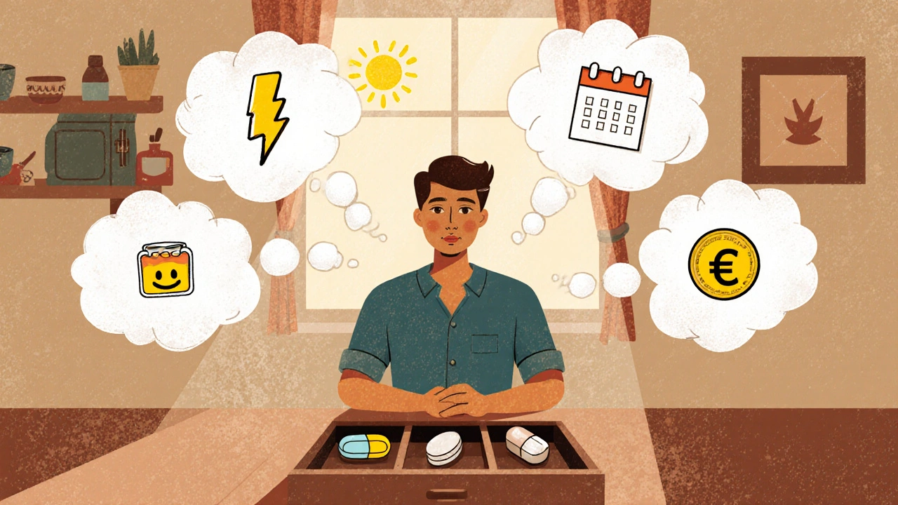 Homme réfléchissant à un choix, bulles de pensée montrant vitesse, durée, effets et prix.