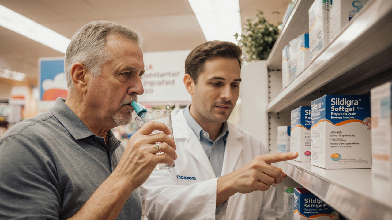 Homme tenant une softgel avec un verre d&#039;eau, pharmacien montrant des boîtes de médicaments.