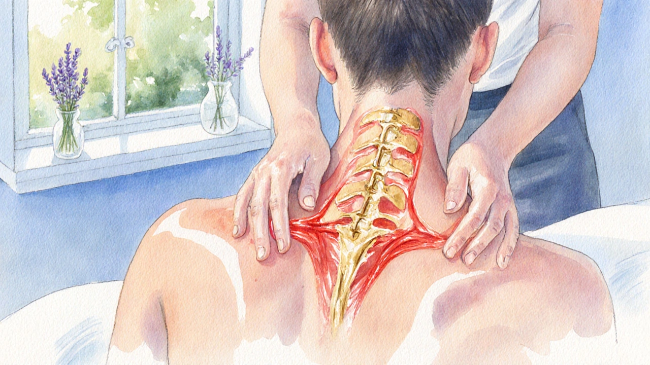 Illustration à l&#039;aquarelle d&#039;un massage cervical avec des flux rouges représentant la circulation sanguine.