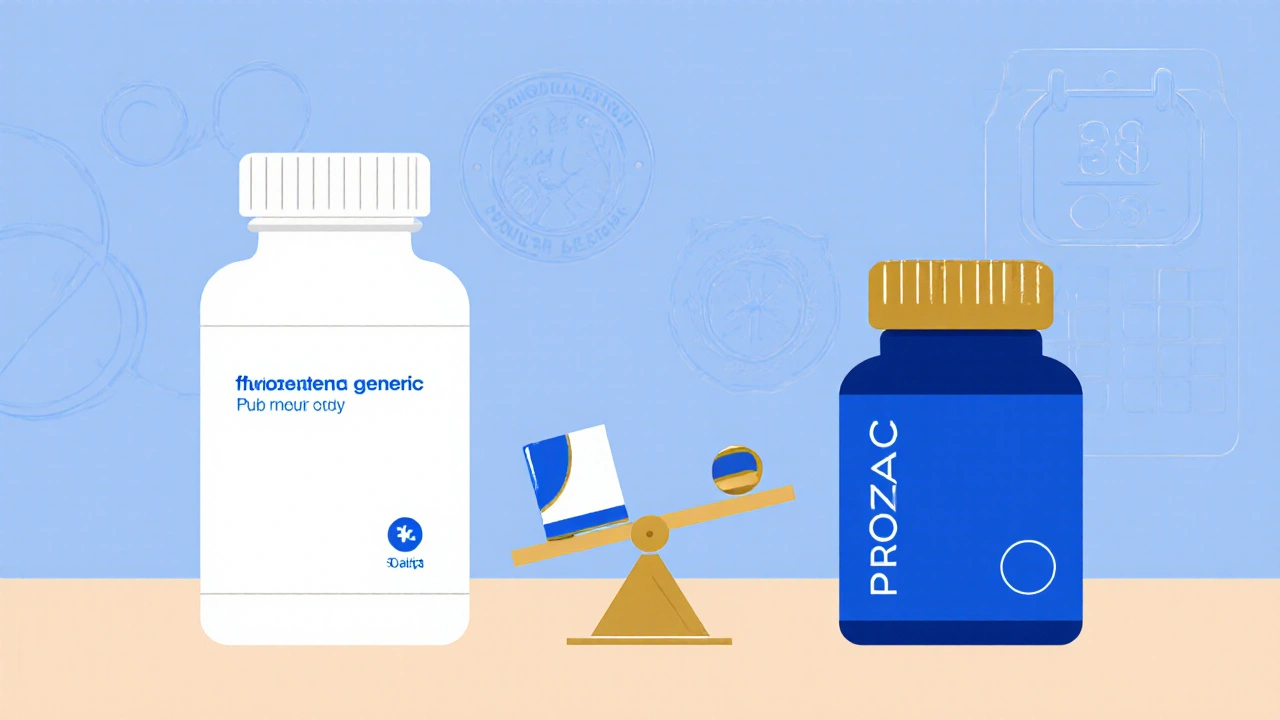 Illustration comparant deux boîtes de médicaments : fluoxétine générique et Prozac, avec une balance indiquant le prix.