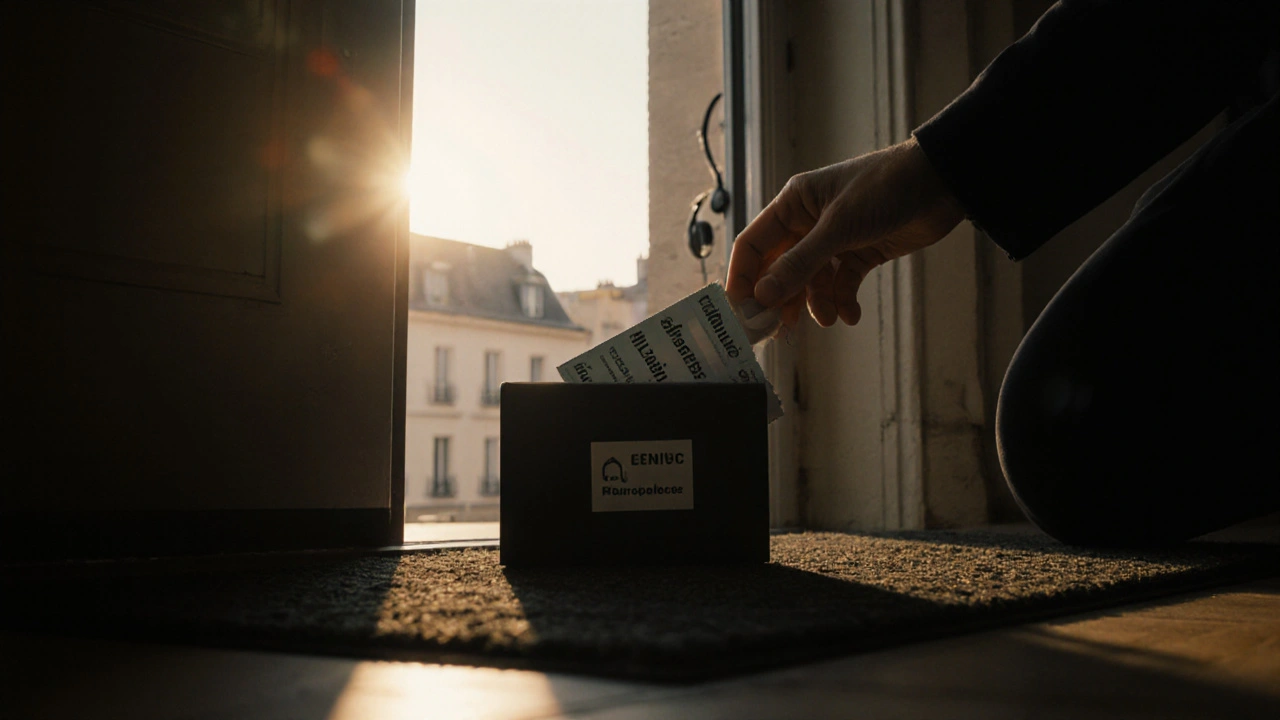 Livraison discrète d’un colis contenant de la fluoxétine générique, ouvrée à la porte d’un appartement.