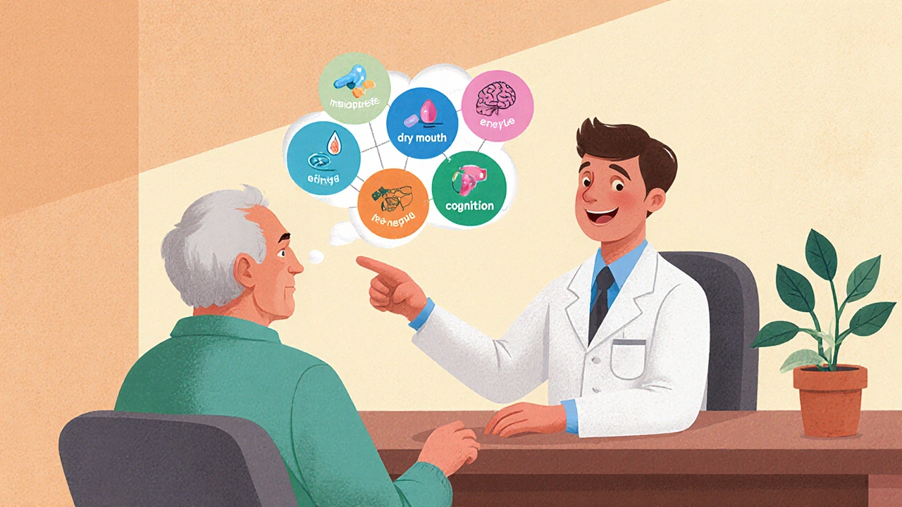 Médecin et patient échangeant, avec bulles illustrant les options de traitement.