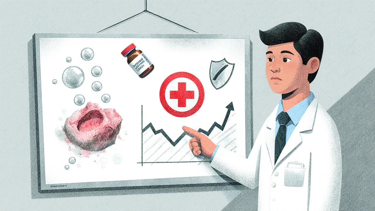 Médecin expliquant trois cas d'utilisation de la clindamycine sur un dossier médical en hôpital.