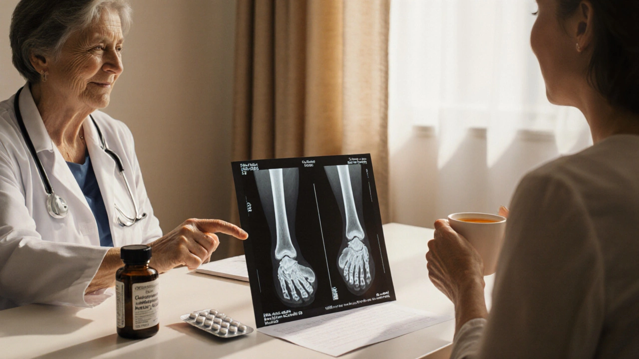 Oncologue discutant le traitement avec une patiente, incluant suivi osseux et supplément de calcium.
