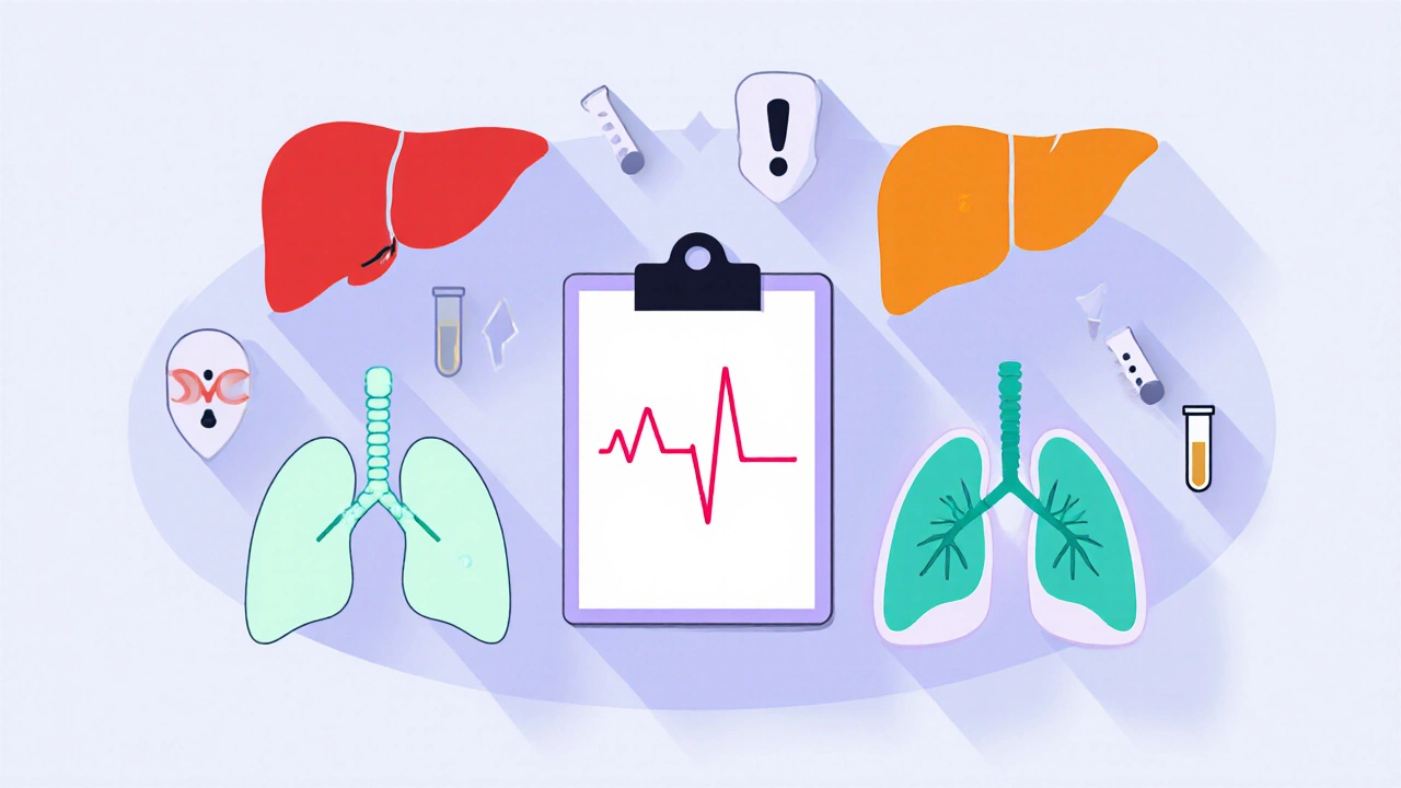 Organes (cœur, foie, thyroïde, poumons) entourés d'icônes de surveillance médicale.
