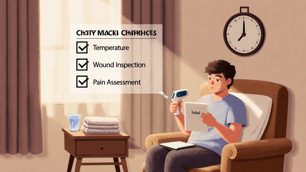Patient à domicile consulte une checklist, prend la température et examine la plaie.