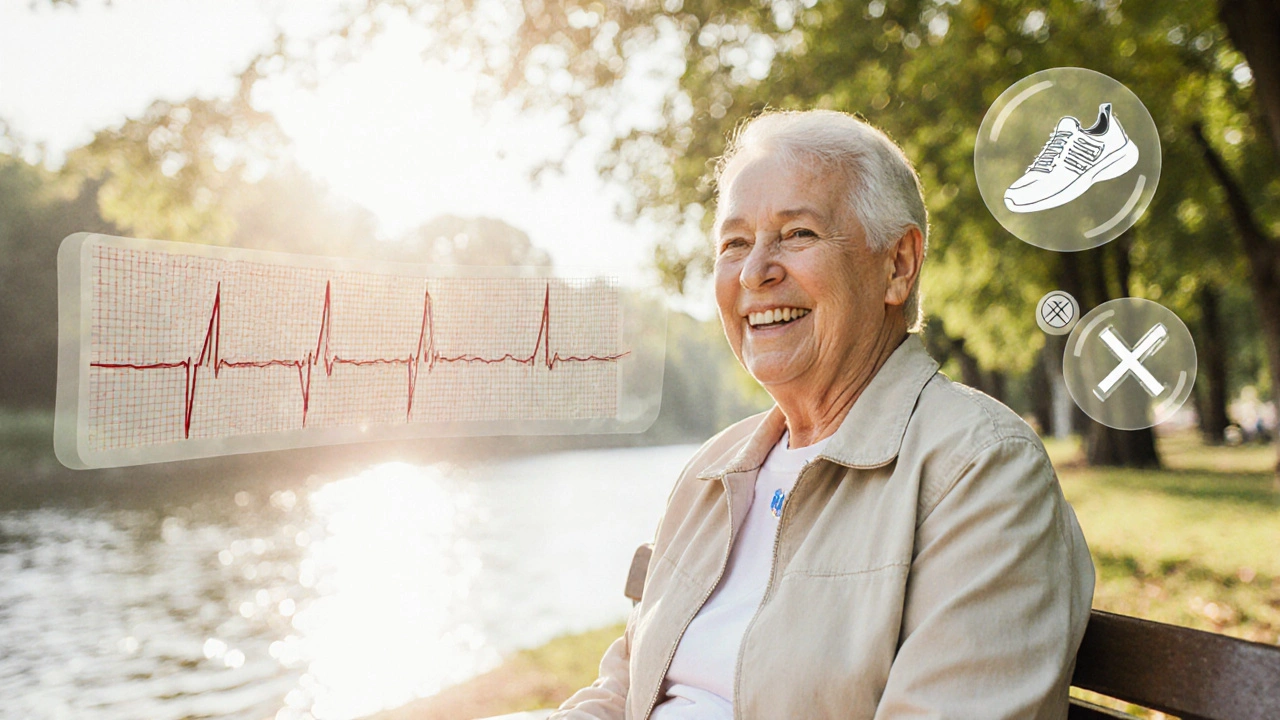 Patient avec défibrillateur implanté, profitant d&#039;un mode de vie sain en plein air.