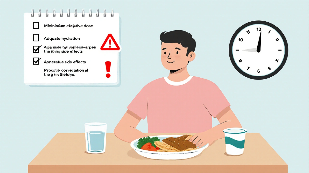 Patient avec verre d'eau, repas léger, yaourt probiotique et liste de bonnes pratiques, style editorial.