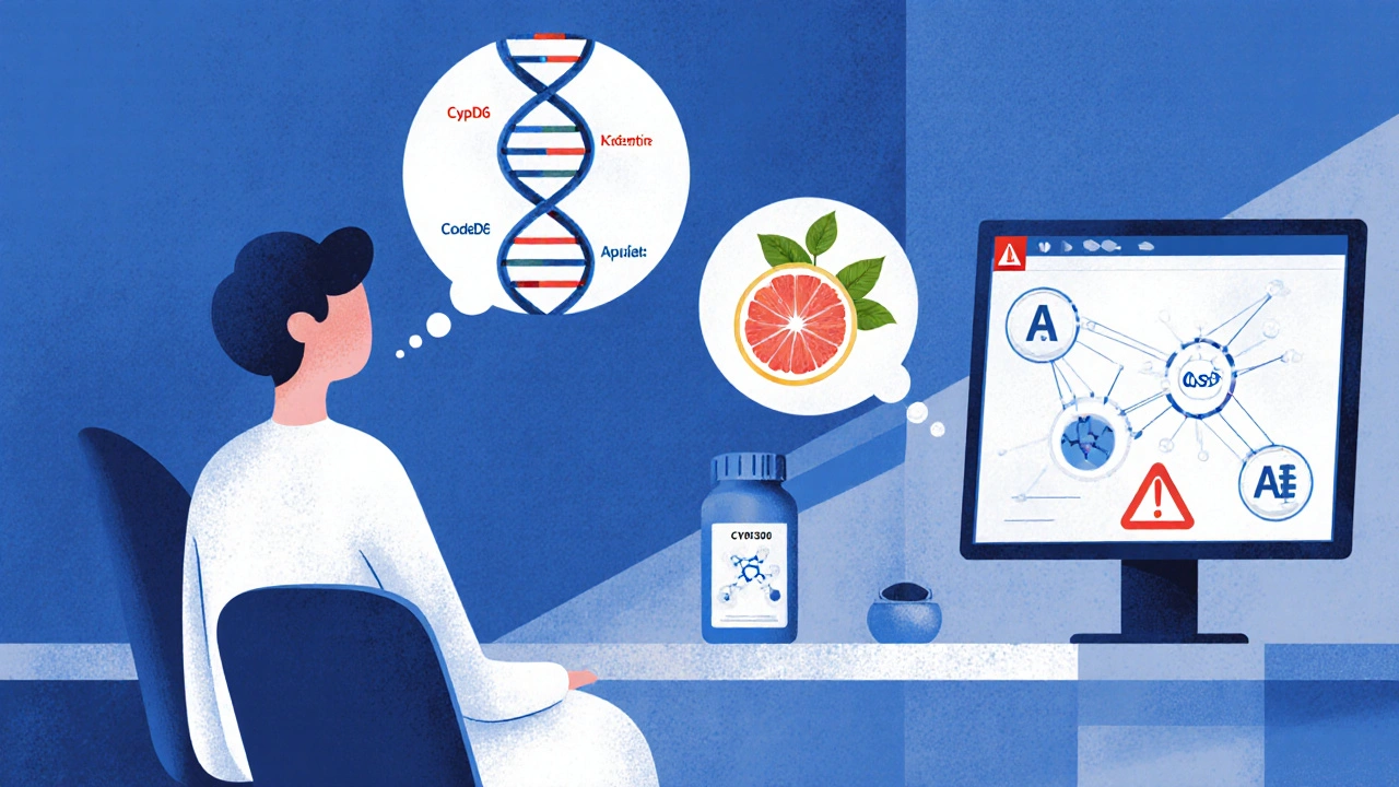 Patient et médecin examinant génétique, alimentation et alerte électronique pour les interactions.