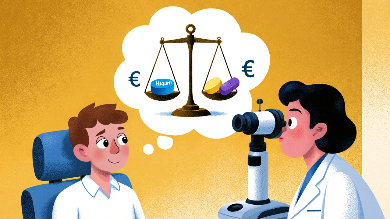 Patient examiné par un ophtalmologiste, avec une balance illustrant le choix entre Hsquin et alternatives.