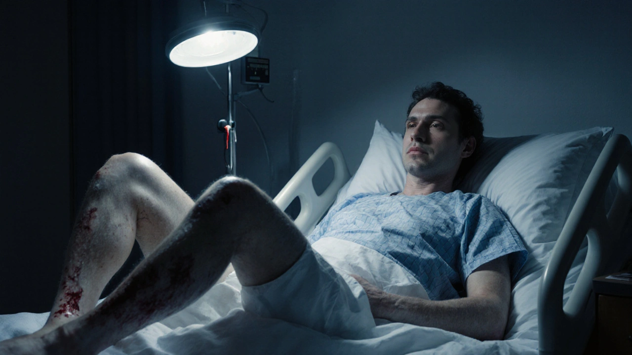 Patient hospitalisé avec œdème aux chevilles, ecchymoses et confusion, illustrant les signes avancés d&#039;insuffisance hépatique.