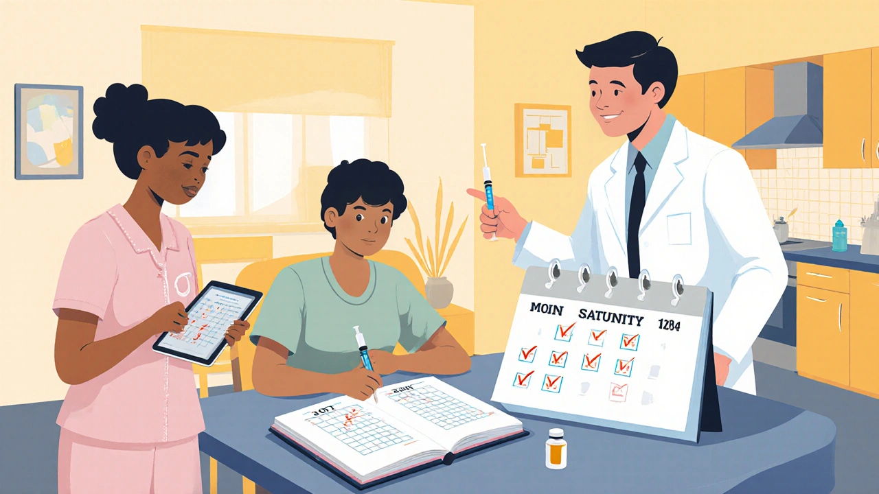 Patient, infirmière et médecin planifient le suivi avec carnet et calendrier.