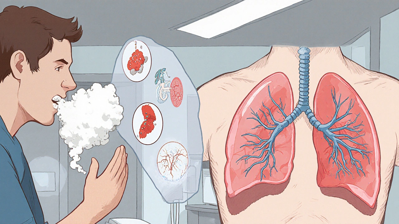 Patient post‑opératoire avec toux, mucus épais, poumons affectés et plaie chirurgicale lente à guérir.