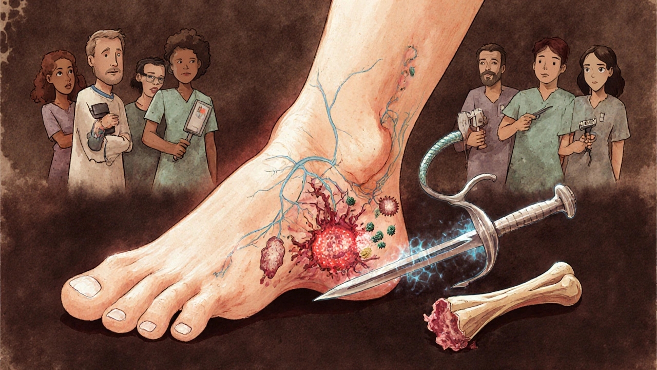 Pied diabétique divisé en santé et infection, avec la clindamycine comme arme contre les bactéries résistantes.