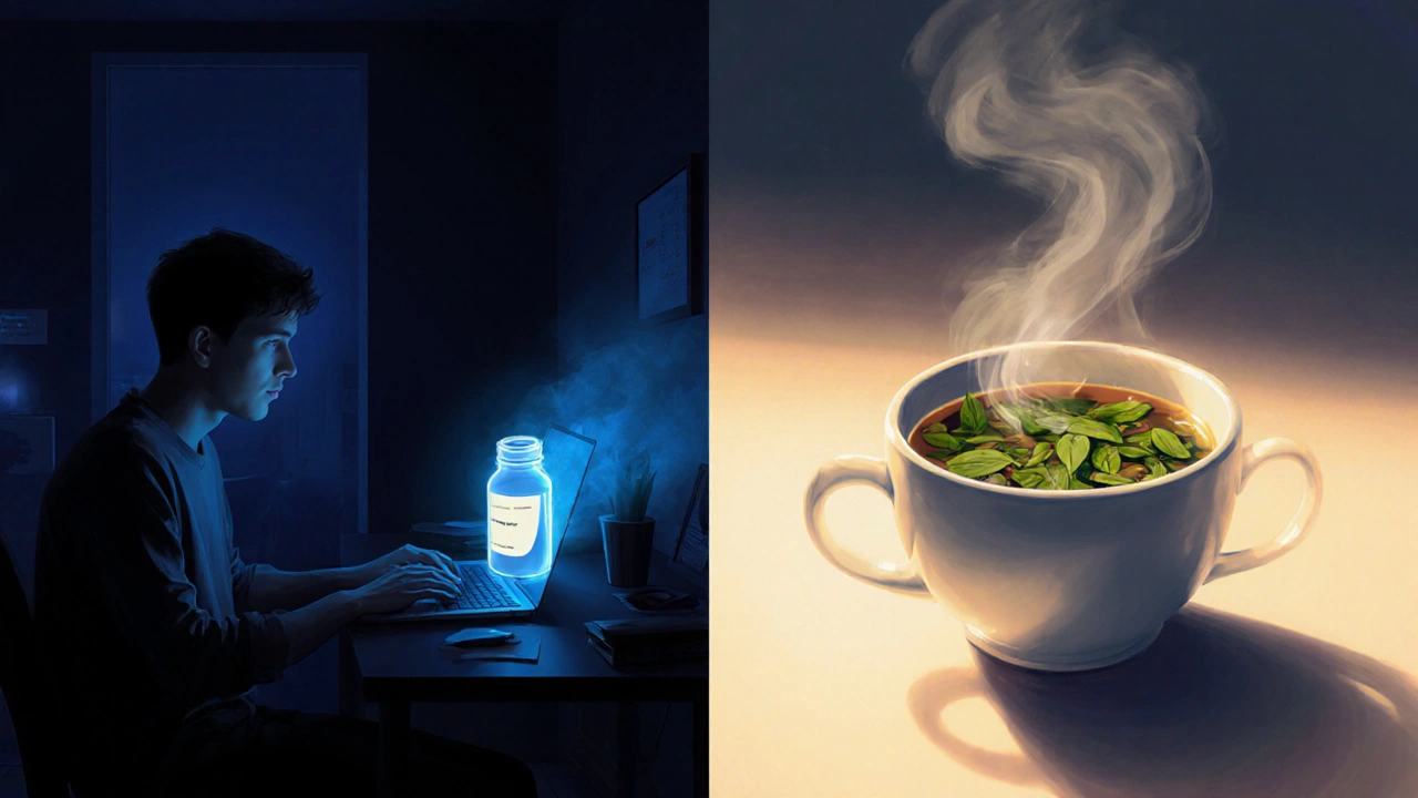 Scène divisée montrant un développeur nocturne avec un flacon de pilules et une tasse de café avec feuilles de thé.