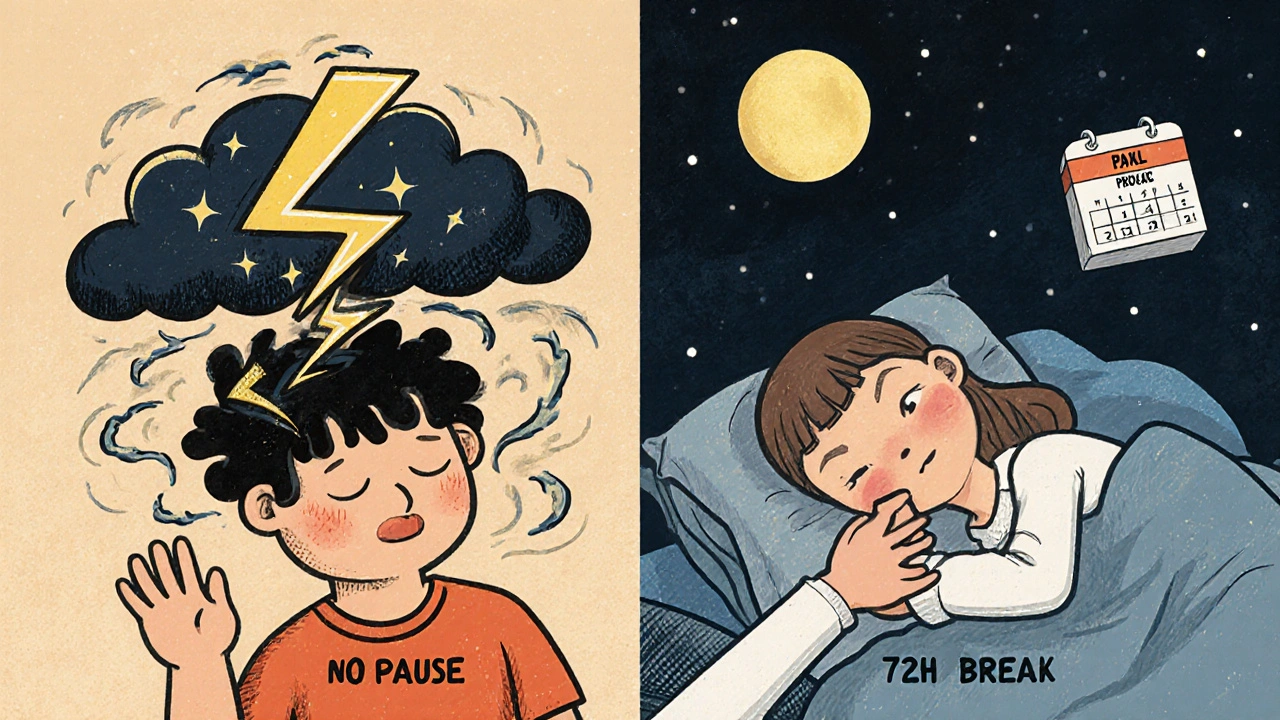 Scène divisée : symptômes de sevrage à gauche, pause sécurisée à droite, avec une main médicale tenant un calendrier.