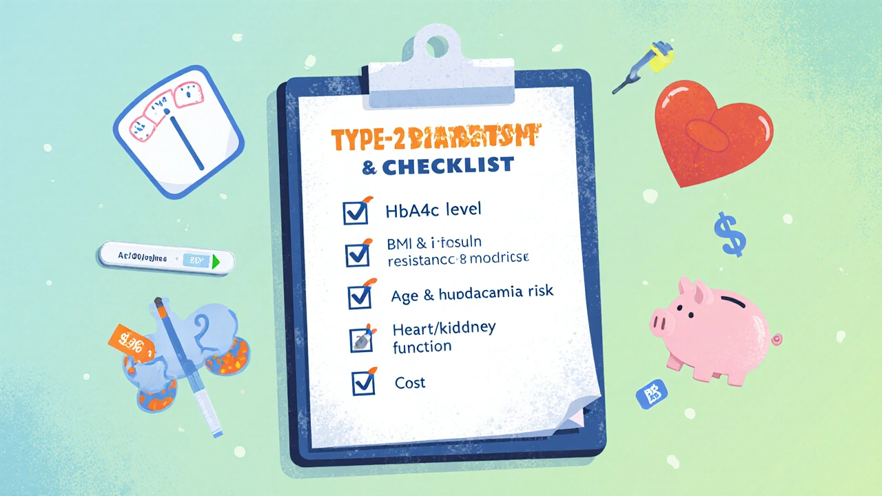 Schéma illustré cartoon d’un tableau de décisions pour choisir un traitement diabétique.
