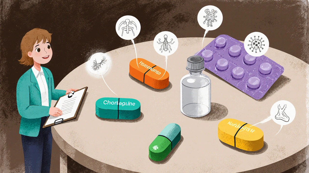 Six médicaments différents disposés sur une table, chaque icône illustrant son usage.