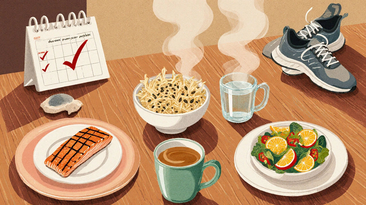 Table de cuisine avec repas équilibré (saumon, quinoa, yaourt, thé) et éléments de santé comme un calendrier et des baskets.