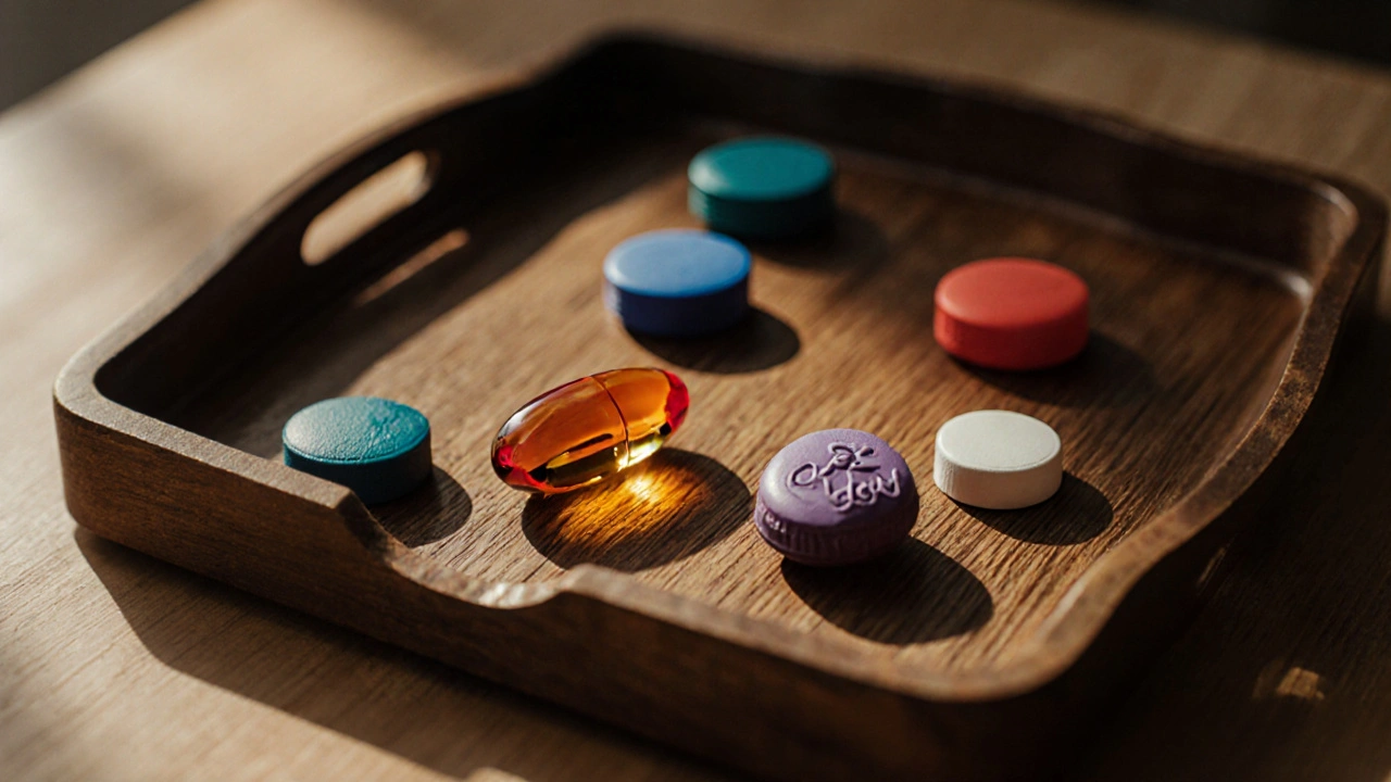 Tablette et softgel de médicaments ED alignés sur un plateau en bois, illustration sans texte.