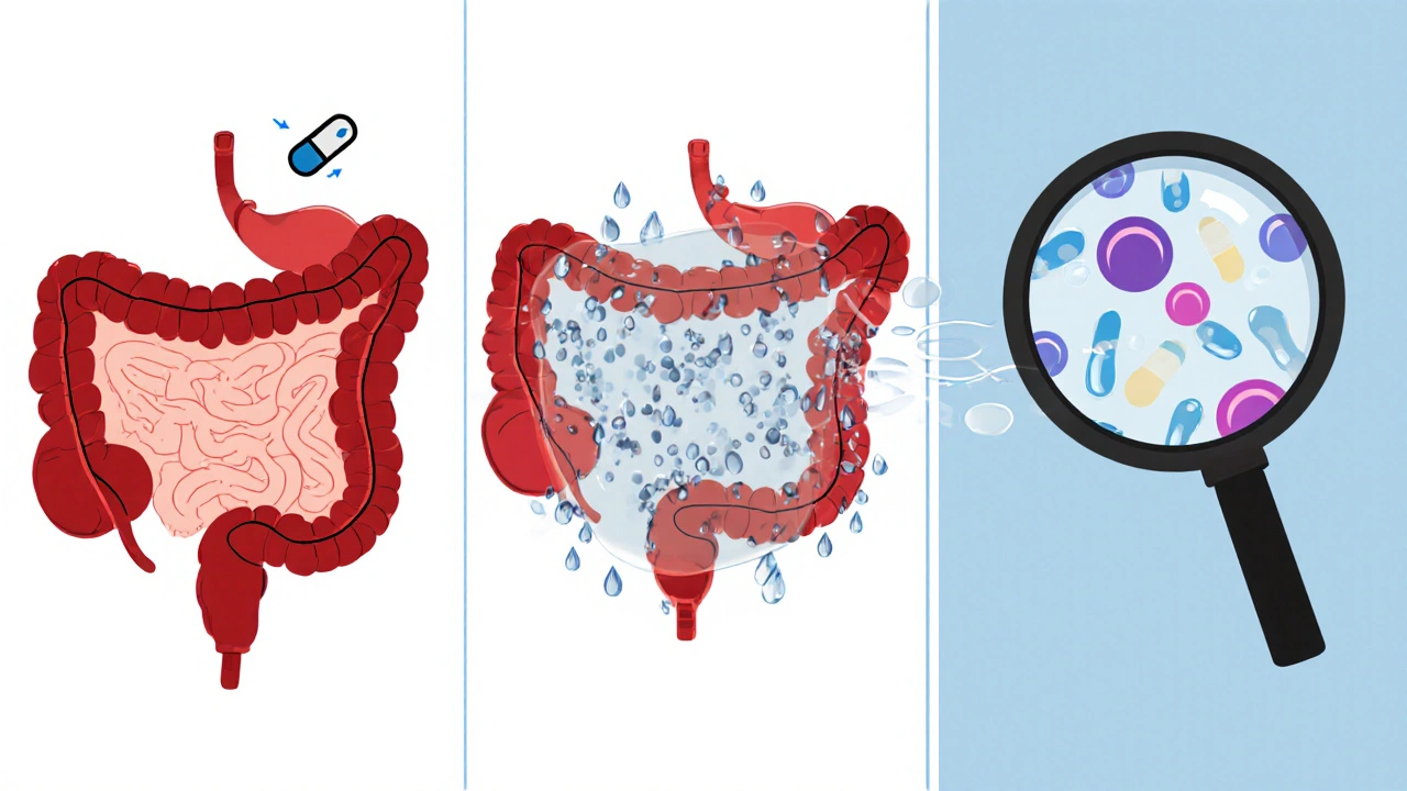 Trois panneaux cartoon illustrant ralentissement intestinal, protection bismuth et antibiotique ciblé.