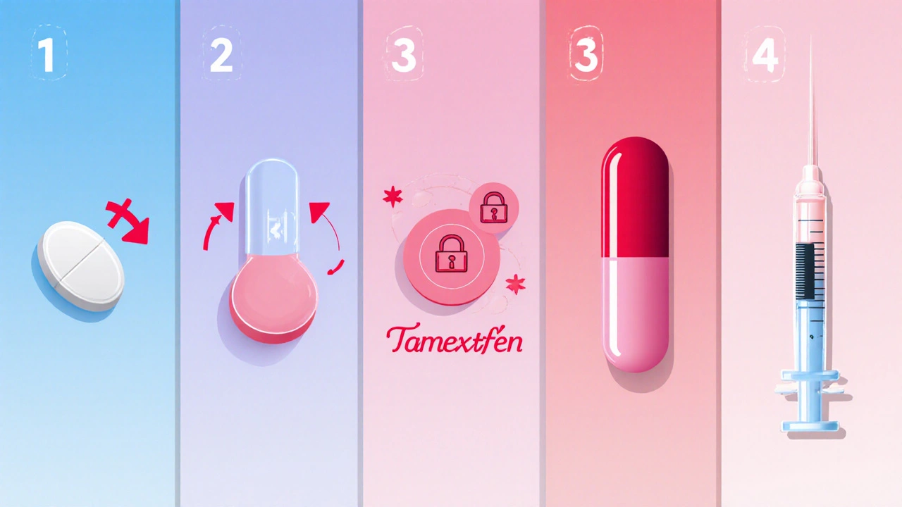 Vignettes des cinq traitements hormonaux avec leurs modes d’action illustrés.