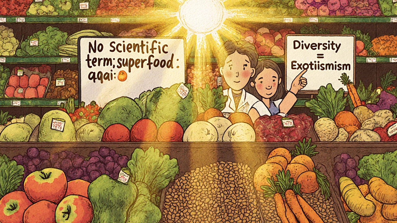 Allée de supermarché où les aliments exotiques sont remplacés par des légumes locaux et frais.