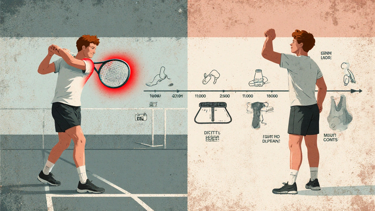 Comparaison de deux scènes : une épaule douloureuse au tennis et la même personne guérie en portant des courses.