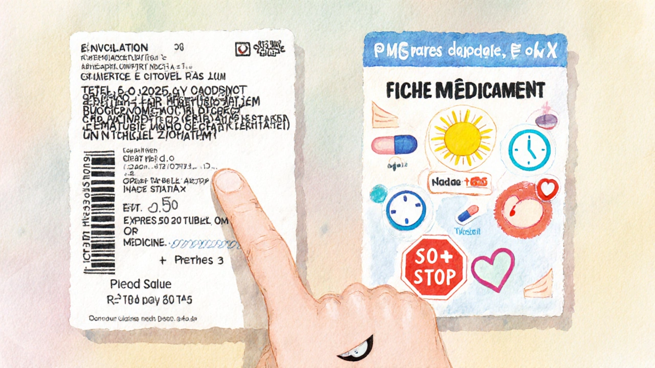 Comparaison visuelle d&#039;une étiquette complexe et d&#039;une étiquette simplifiée avec des icônes claires pour les patients.