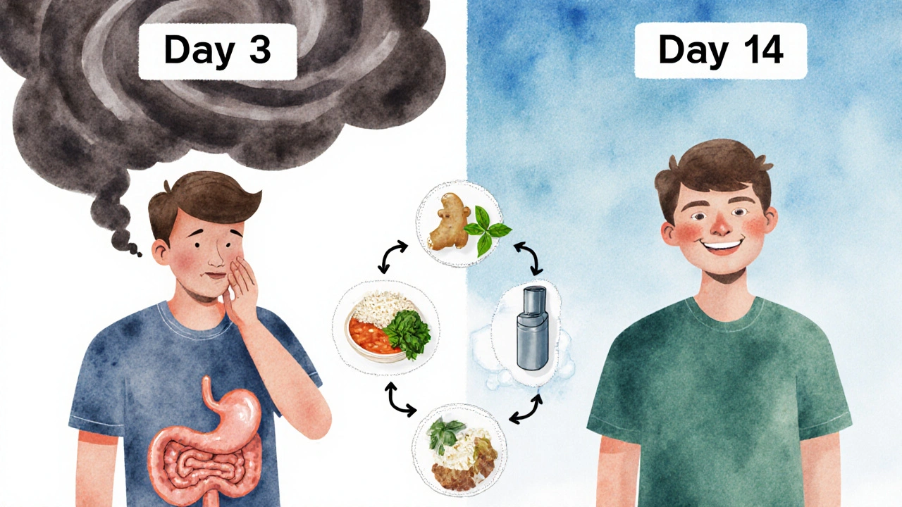 Comparaison visuelle d&#039;une personne passant de la nausée au bien-être en deux semaines avec des symboles de gestion.
