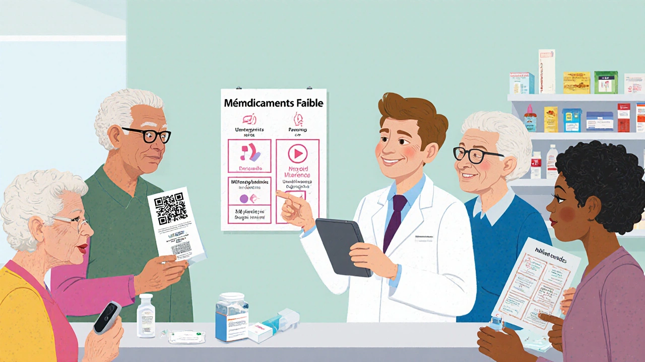 Des patients dans une pharmacie reçoivent des guides simplifiés sous différentes formes : QR code, gros caractères, audio.