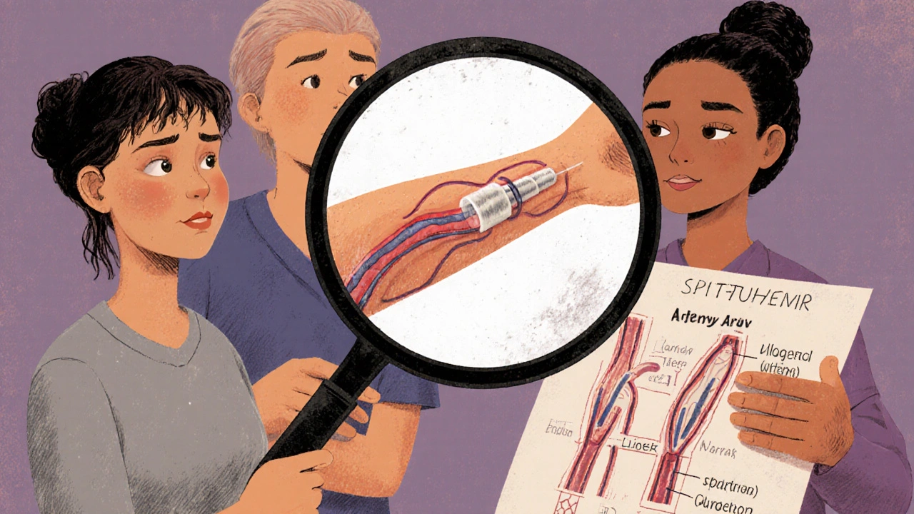 Équipe médicale expliquant une greffe vasculaire à un patient.