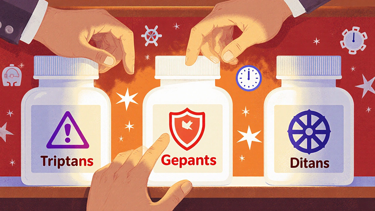 Étagère de pharmacie avec trois médicaments pour la migraine, chaque bouteille illustrée avec ses symboles de risque et de sécurité.