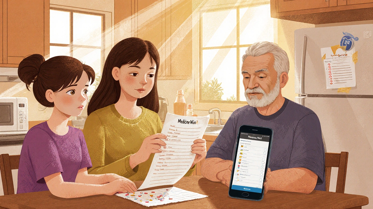 Famille discutant d’une liste de médicaments à la cuisine, avec un téléphone affichant une application.