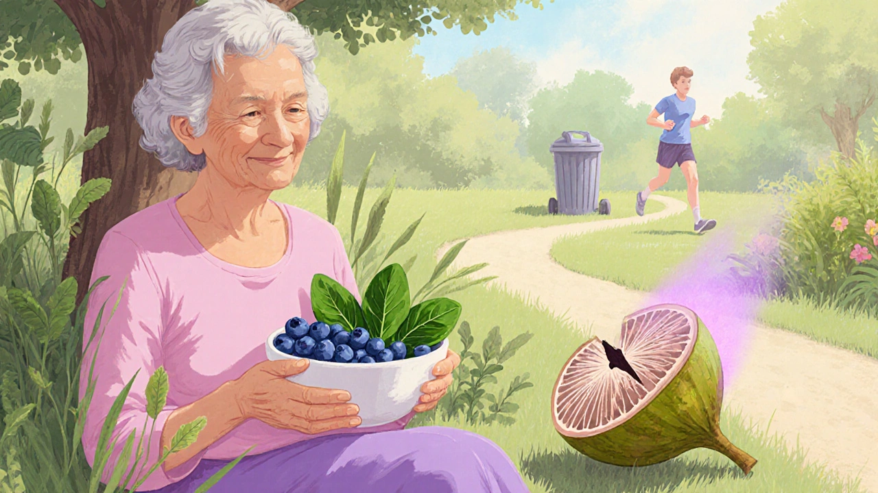 Femme âgée dans un jardin mangeant des baies, tandis qu&#039;une capsule toxique de ginkgo est jetée au sol.