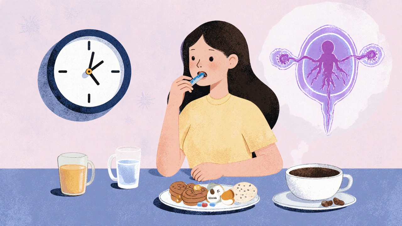 Femme prenant sa médication à jeun le matin, avec un embryon translucide au-dessus d&#039;elle.