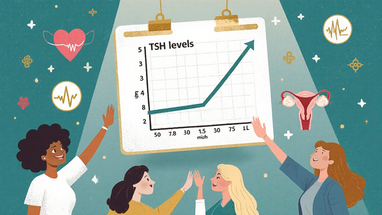 Graphique de TSH avec des symboles de fertilité, entouré de femmes qui y accèdent avec espoir.