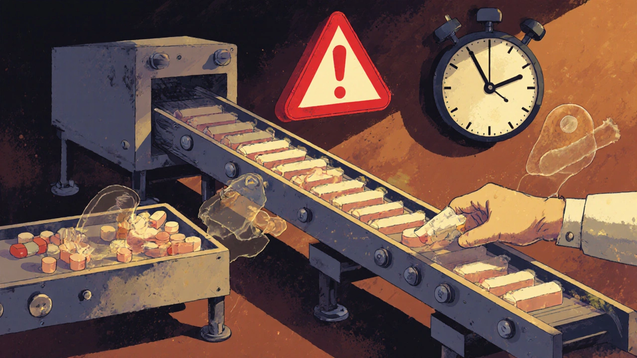 Ligne de production avec résidus invisibles entre différents médicaments et un technicien qui retire un gant déchiré.