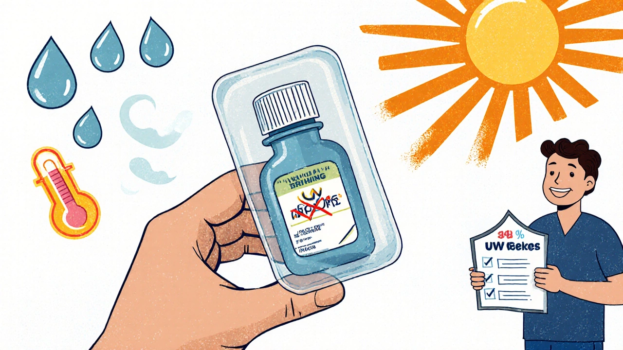 Main plaçant un collyre dans un étui opaque protégé contre les UV, entouré de symboles de chaleur et d&#039;humidité bloqués.